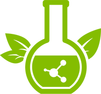 Green beaker icon with leaves surrounding and molecules inside