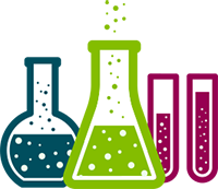 Blue, green, and fuchsia liquids in chemistry test tubes, beakers, and flasks