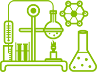 Green beakers, test tubes, Bunsen burner icon with molecules