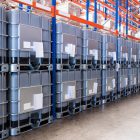 Solvent containers in a warehouse